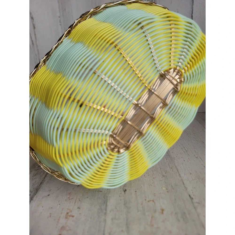 Small Easter yellow‎ green wicker basket spring metal rimmed home decor